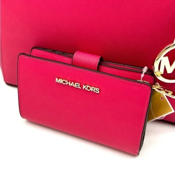 Michael Kors Large Charlotte Tote Bag & MD Bifold Zip Chain Wallet Electric Pink - Picture 11 of 14